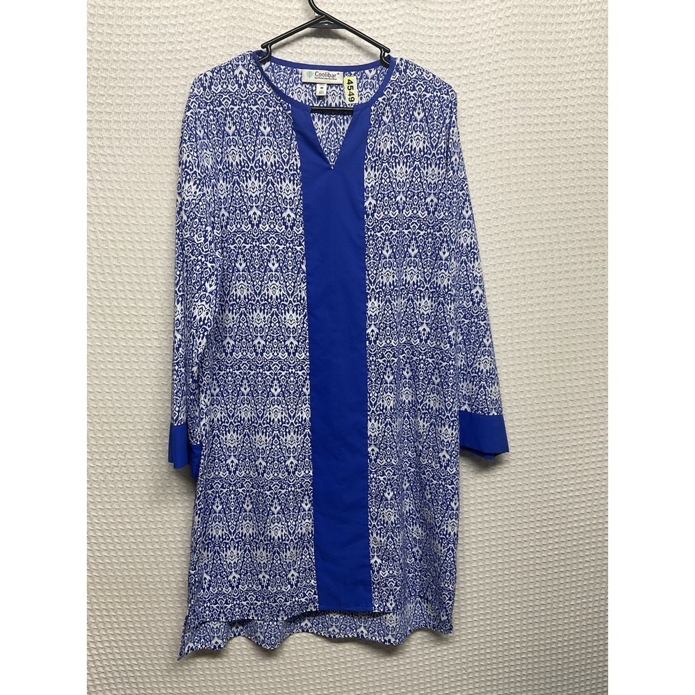 Coolibar Oceanside Tunic Dress Womens Medium UPF50+ Tahitian Blue Ikat Moroccan